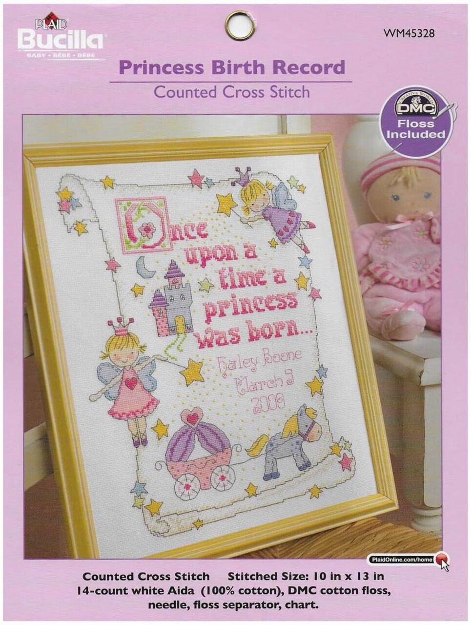 Counted Cross Stitch Birth Record Kit – 10×13 Inch “Princess” Pink Nursery Embroidery Set with Threads, Needle & Instructions